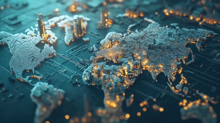 Global manufacturing hub with interconnected factories seamless supply chains, diverse workers, modern machinery, international industrial cooperation