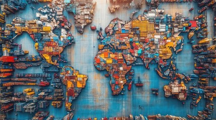 Global manufacturing hub with interconnected factories seamless supply chains, diverse workers, modern machinery, international industrial cooperation