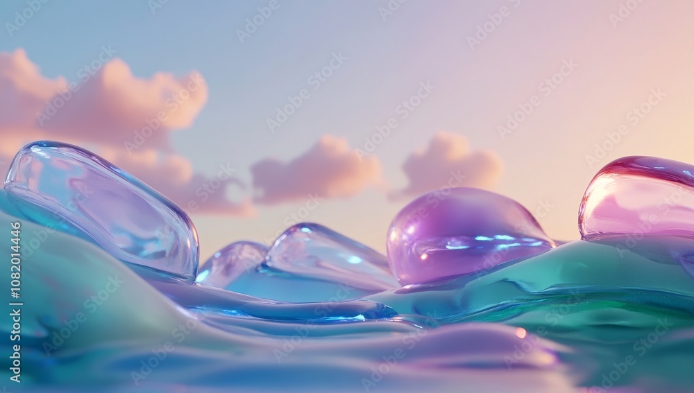 Poster dynamic flowing glass waves with led lights in abstract background