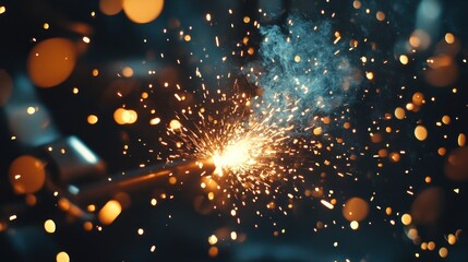 Obraz premium Heavy industry workers welding metal in a steel factory, sparks flying, glowing steel, intense industrial energy