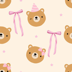 Seamless pattern with hand drawn cute teddy bear with pink ribbon bow for children textile, nursery decoration, gift wrap paper, kids bedding, baby's shirt. Vector illustration
