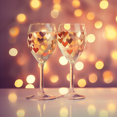 Two wine glasses with heart-shaped confetti, adorned in golden hues, set against an enchanting background of twinkling lights and soft pastel tones. Minimal love idea