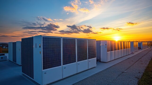 Grid-scale energy storage facility with innovative battery systems high-capacity energy storage units, digital displays, sustainable energy solutions in action