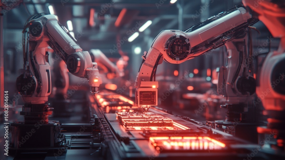 Poster high-tech production line with robotic arms assembling electronics, precise movements, futuristic in