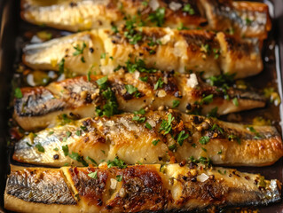 Grilled fish filets with a savory mood garnished with herbs and spices in a baking dish