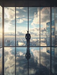 Fototapeta premium Thoughtful Business Leader Overlooking Serene City Skyline from Corner Office