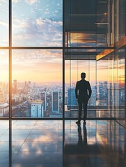 Fototapeta premium Businessman Reflecting on Strategic Decisions in Serene Corner Office with Panoramic City View