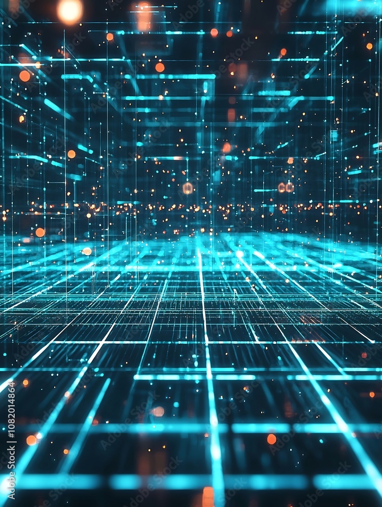 Poster futuristic digital grid with glowing blue lines and subtle reflections creating a high tech ambiance