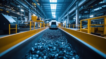 Industrial facility for processing rare earth elements automated sorting machines, precision tools, raw minerals being transformed, futuristic technology