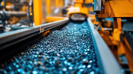 Industrial facility for processing rare earth elements automated sorting machines, precision tools, raw minerals being transformed, futuristic technology