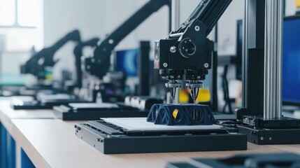 Industrial 3D printing workshop with robotic arms assembling parts, automated printing, clean production lines, cutting-edge technology integration