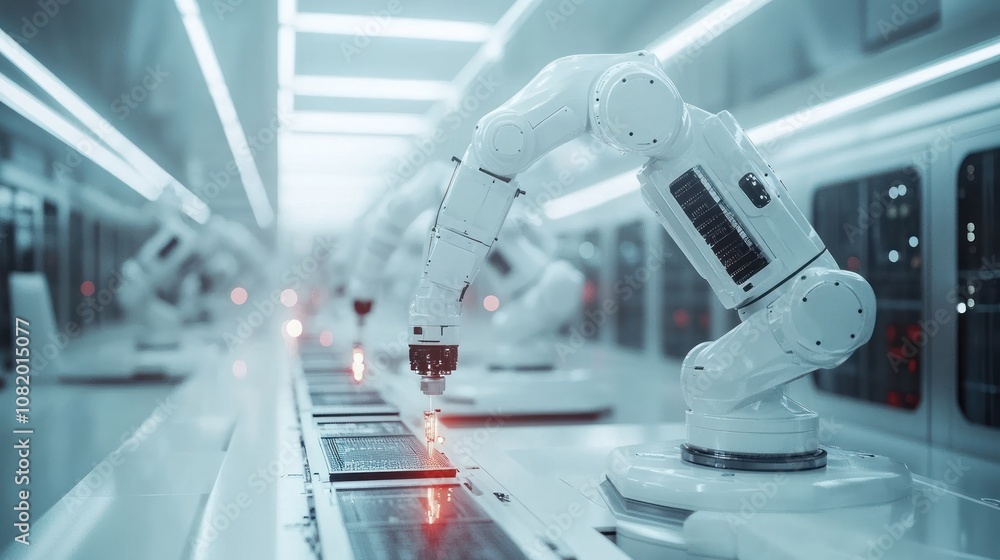 Poster industrial robots operating in a clean room assembling electronics, automated processes, sterile env