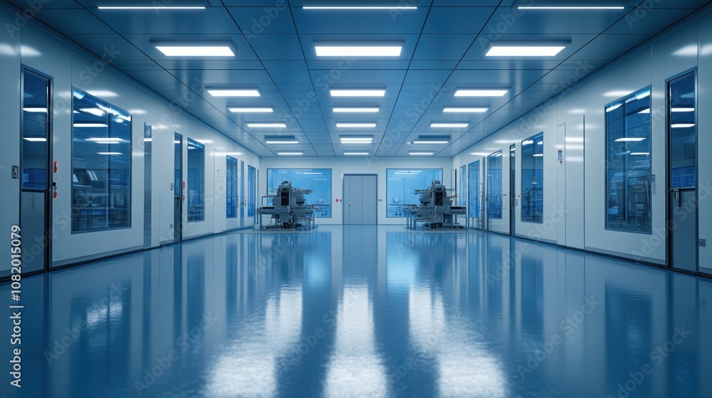 Poster industrial robots operating in a clean room assembling electronics, automated processes, sterile env