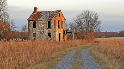 Abandoned Brick House with Rusted Metal Roof in a Field