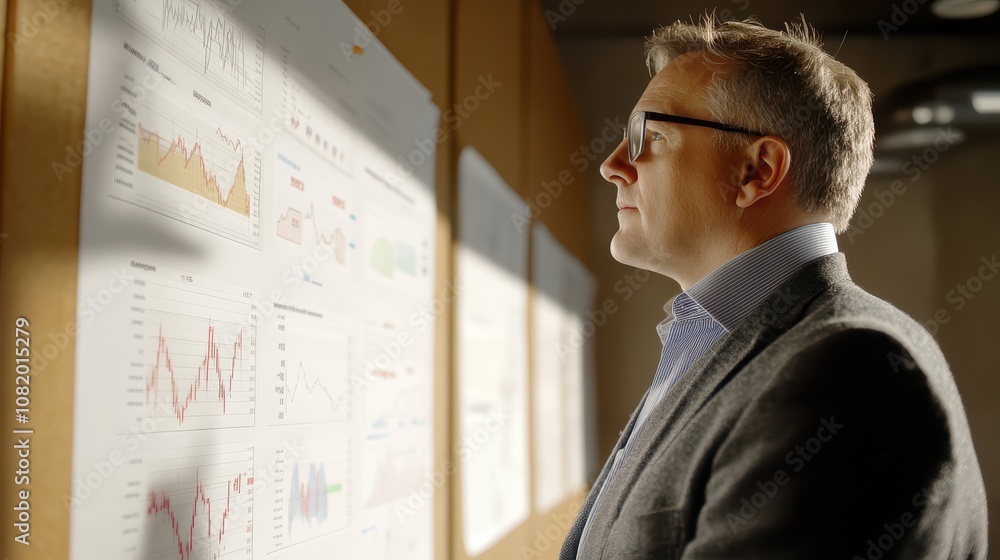 Poster businessman analyzing data charts in modern office environment, reflecting on performance metrics an