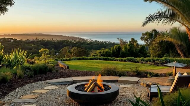 A beautiful view of the ocean and a fire pit in a backyard. The fire pit is surrounded by a stone path and a bench