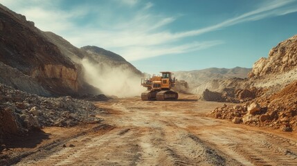 Mining operation for rare earth minerals in remote terrain heavy machinery operating in rugged landscape, dusty environment, large-scale excavation