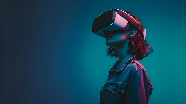 Portrait of amazed young woman in a VR headset explores the metaverse's virtual space. Gaming and futuristic entertainment concept