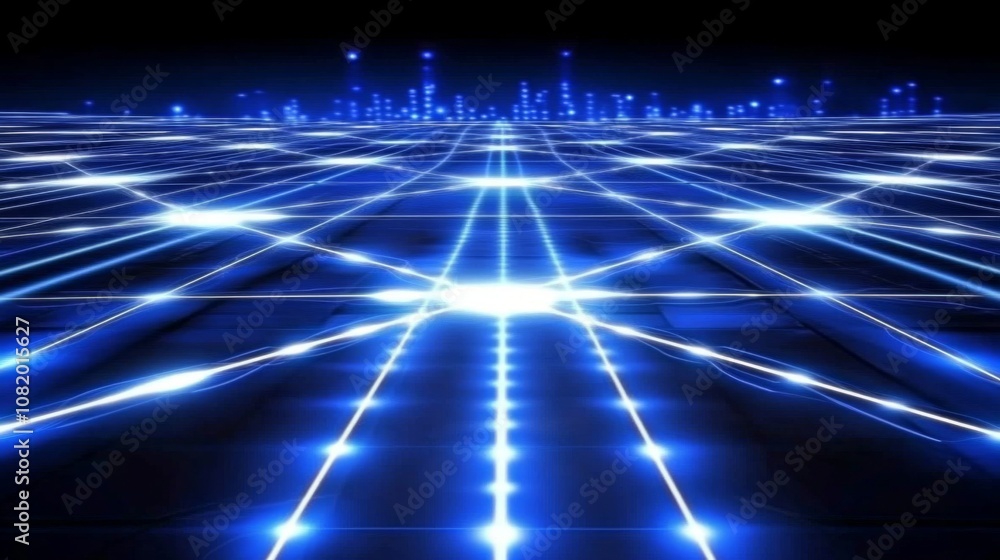 Poster futuristic abstract blue lights with grid patterns representing technology and connection in a digit