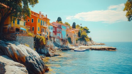 A quaint coastal village with colorful houses along a rocky shoreline.