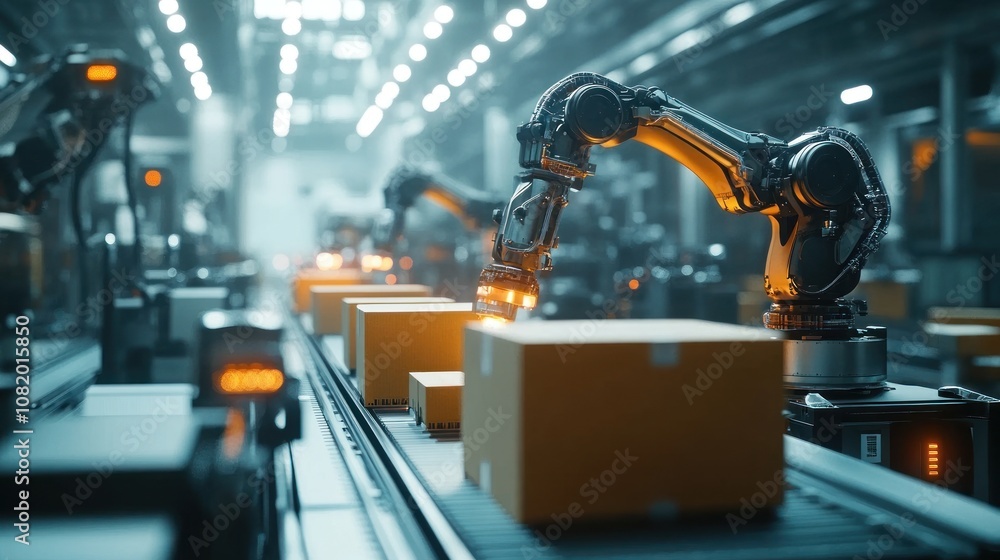 Poster robotic arms packing products into boxes high-speed automated packaging, clean and efficient factory