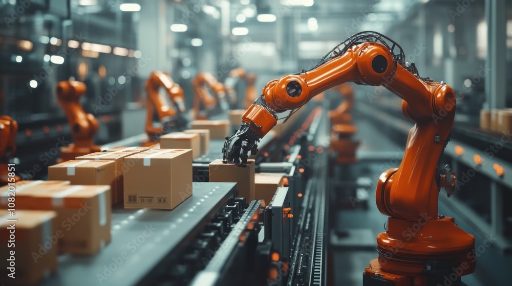 Poster robotic arms packing products into boxes high-speed automated packaging, clean and efficient factory