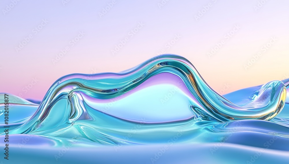 Poster dynamic flowing glass waves with led lights in abstract background
