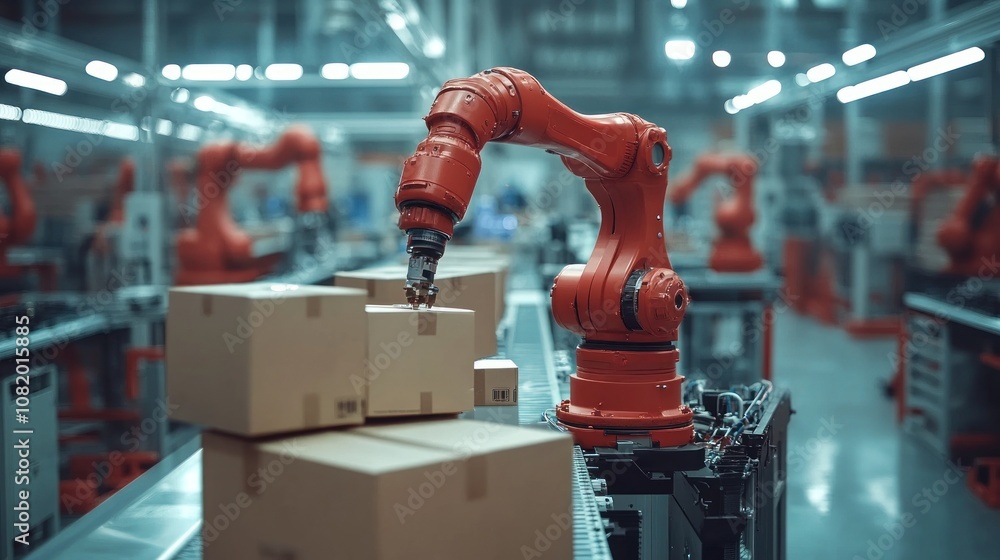 Poster robotic arms packing products into boxes high-speed automated packaging, clean and efficient factory