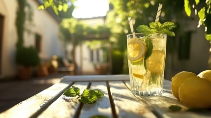 A refreshing glass of lemonade on a sunny patio table, garnished with lemon slices and mint leaves.