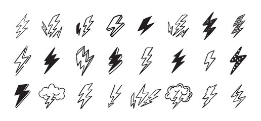 Doodle set lightning line art. Hand drawn lightning icons