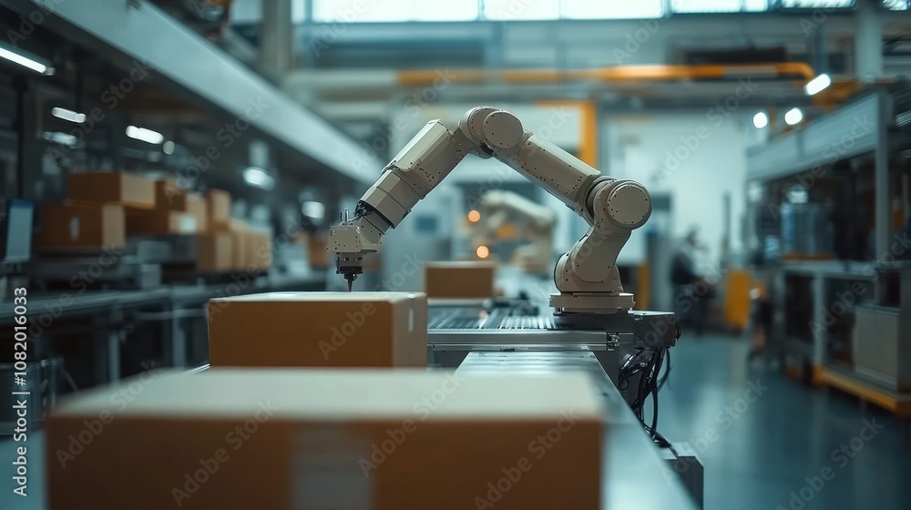 Poster small factory with automated processes for custom items robotic arms handling precision parts, clean