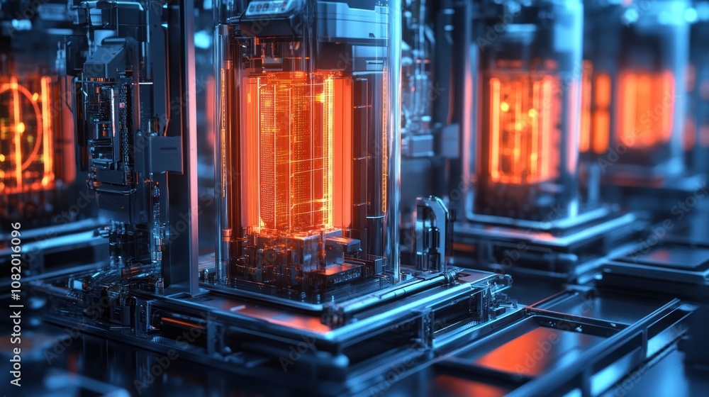 Poster smart factory powered by quantum computing glowing server clusters, interconnected systems, holograp