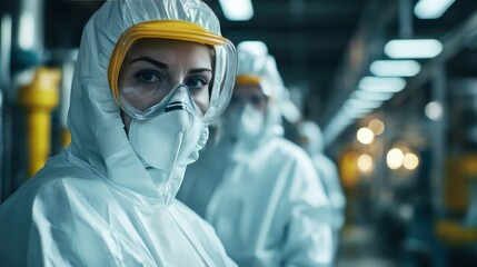 Workers in protective gear operating machinery in a gas processing plant