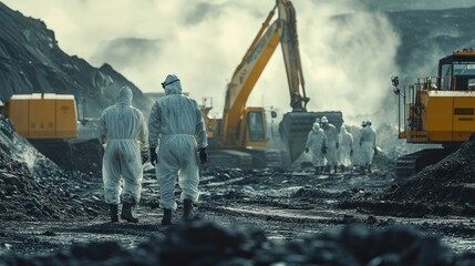 Workers in protective suits extracting rare earth minerals industrial excavation site, heavy machinery, dust, high-tech mining operations