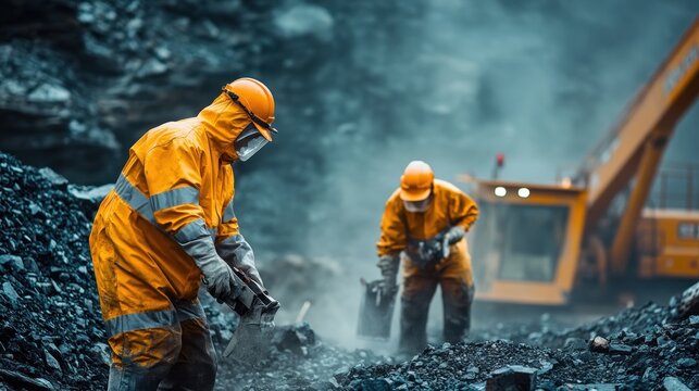 Workers in protective suits extracting rare earth minerals industrial excavation site, heavy machinery, dust, high-tech mining operations