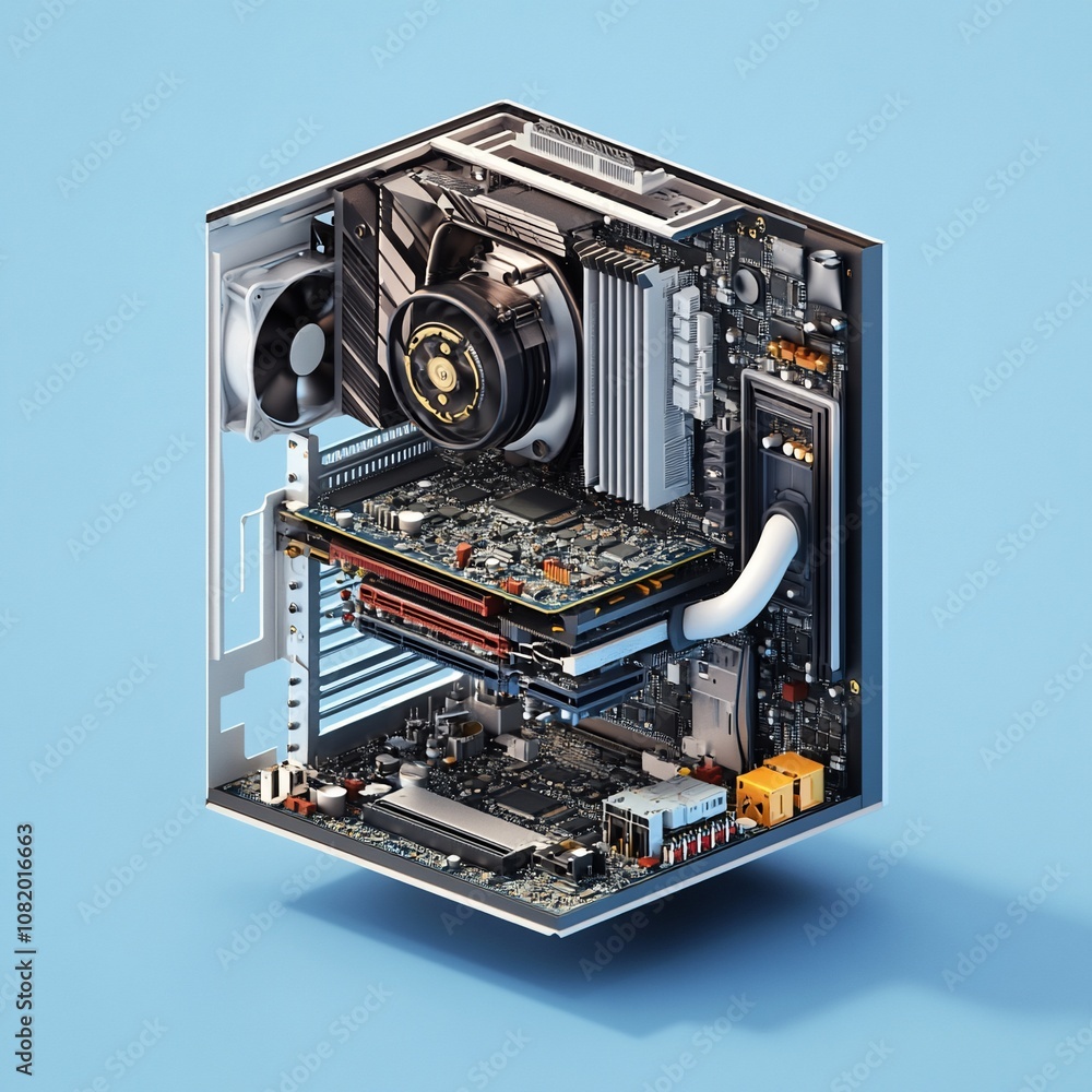 Poster a cutaway view of a computer's internal components, showing the motherboard, graphics card, cpu cool