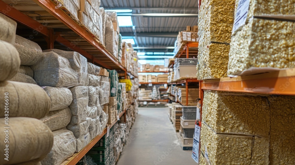 Poster a large storage room filled with various items and supplies, suitable for use in illustrations or ph