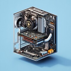 A cutaway view of a computer's internal components, showing the motherboard, graphics card, CPU cooler, and RAM.