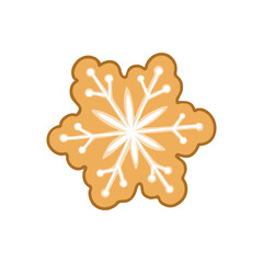 Festive gingerbread snowflake cookie with icing decoration, holiday dessert illustration in flat style.