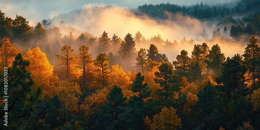 Poster A dense fog fills the forest, surrounded by tall trees
