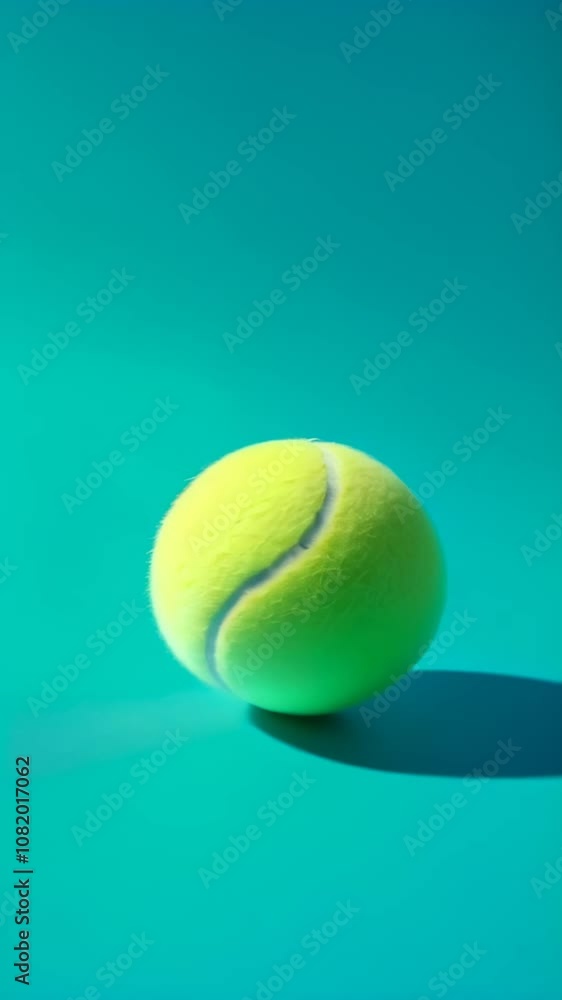 Poster bright yellow tennis ball resting on a vibrant turquoise surface, casting a distinct shadow, creatin