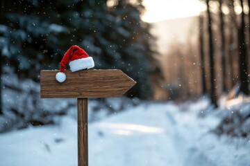 Winter wonderland adventure snowy forest path holiday signpost peaceful nature scene close-up view christmas spirit emphasized
