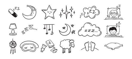 Hand drawn doodle Set of Sleep Related. Sleeping drawing icons © Yanka