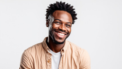 Portrait of African American man wearing light brown shirt and white t-shirt posed cheerful smiling face isolated with cliping path