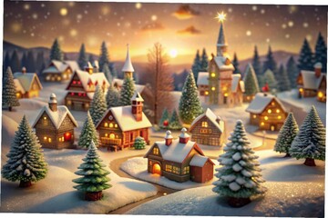 a christmas card with a house and a snow covered mountain in the background