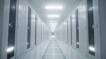 Obraz premium A row of servers in a high-tech data center, showcasing cloud infrastructure.