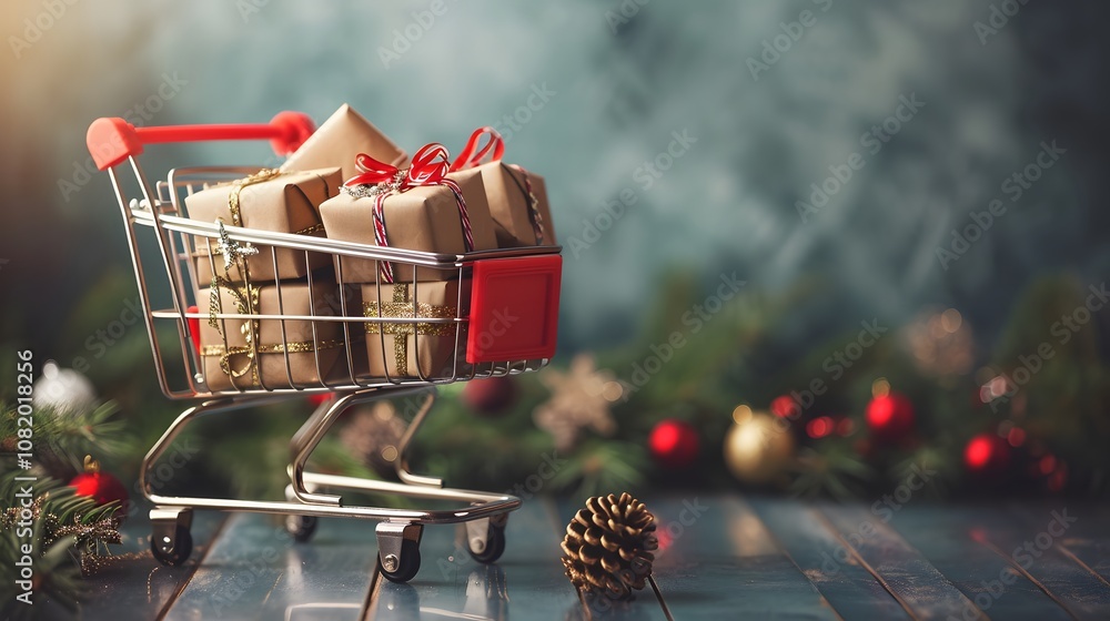 Poster an aesthetically pleasing composition of a shopping cart filled with elegantly wrapped presents crea