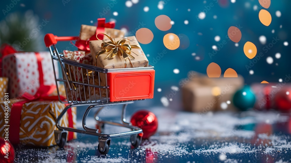 Poster an aesthetically pleasing composition of a shopping cart filled with elegantly wrapped presents crea