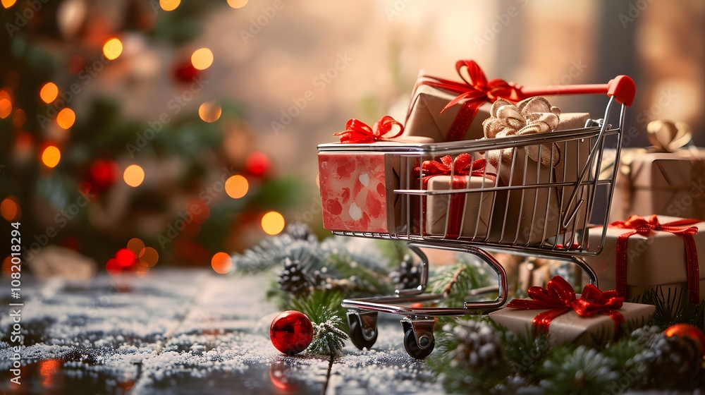 Poster an aesthetically pleasing composition of a shopping cart filled with elegantly wrapped presents crea