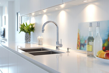 Modern interior kitchen sink countertop with potted plants and bottles, decorative painting